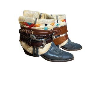 Dan Post Embellished Upcycled Belted Aztec Cowboy Boots Multicolor Size 7.5